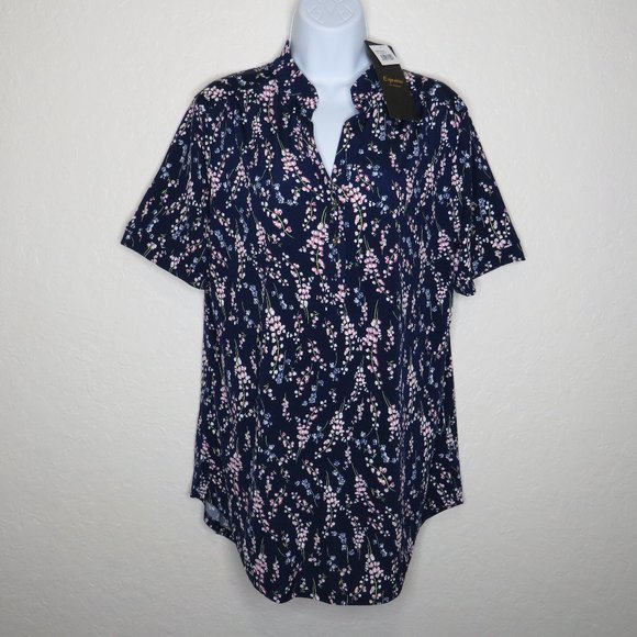 Espresso*‎ Women's Short Sleeve V-Neck High/Low Curved Hem Floral Blouse~ Large - Picture 1 of 11